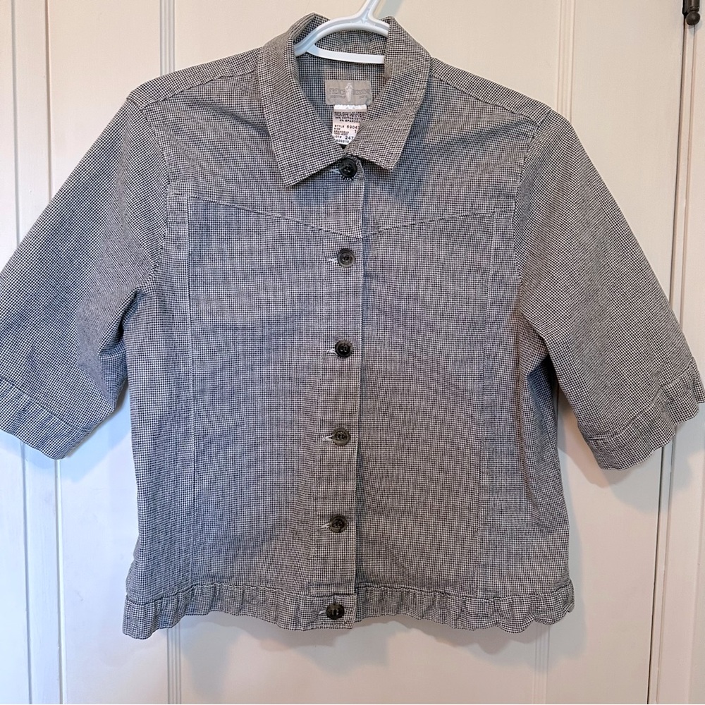 French Dressing Black/White Short Sleeve Button Down Jacket with Ruffle Detail